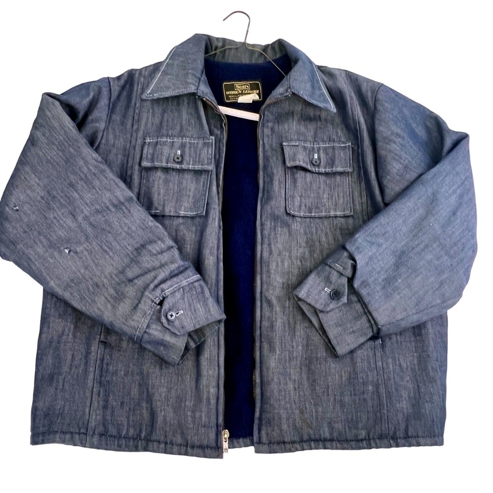 Vintage Sears Work'n Leisure Denim Work Jacket‎ Fleece Fur Lined Mens Blue XL